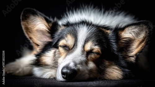Adorable Corgi Puppy Sleeping Peacefully with Eyes Closed in Natural Light, Dark Background