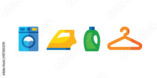 Laundry Icons Set Washing Machine Iron Detergent Hanger Household Cleaning Flat Vector
