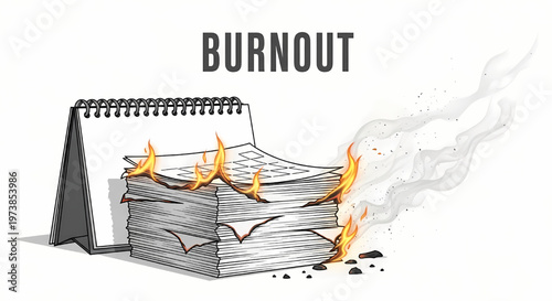 Burnout concept with calendar on fire symbolizing exhaustion and stress in a white background its illustration only