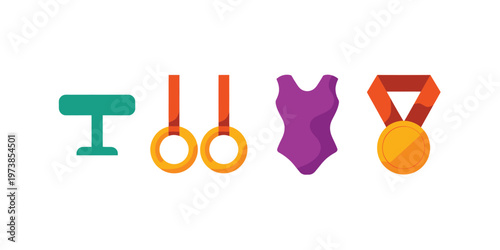 Gymnastics Icons Set with Medal Ribbon Balance Beam Rings and Leotard for Sports Victory and Achievement