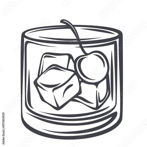 Gin tonic cocktail in stem glass with ice cubes, lime slice and clear summer drink in monochrome outline. Bar menu, drink card and cocktail design with gin tonic, vector illustration