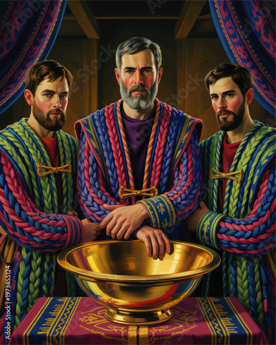 Medieval noble brothers in braided ceremonial robes gathered around golden basin, regal portrait illustration with rich colors