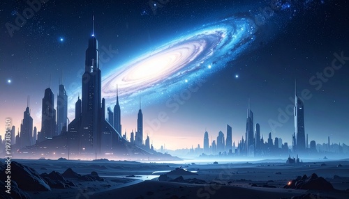 Futuristic Cityscape with Galaxy in Sky.