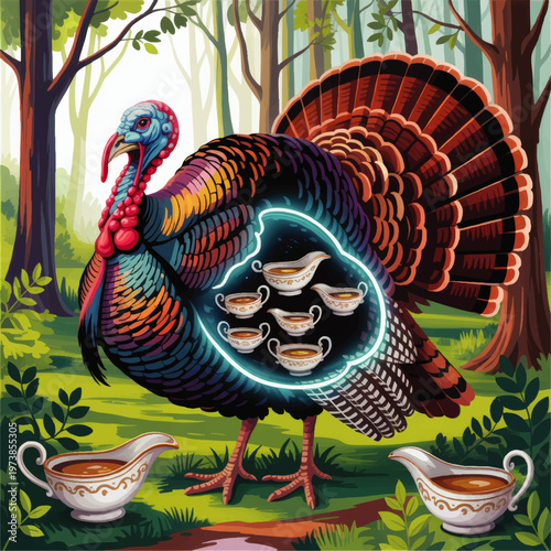 Surreal turkey anatomy illustration in forest with gravy boats inside body, colorful Thanksgiving vector fantasy artwork