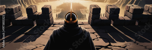 Ancient warrior king overlooking assembled army from stone fortress, dramatic desert battlefield scene in cinematic fantasy illustration