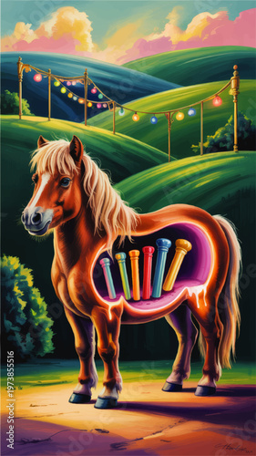 Surreal pony anatomy illustration with colorful peg organs in glowing countryside landscape at sunset with festive lights