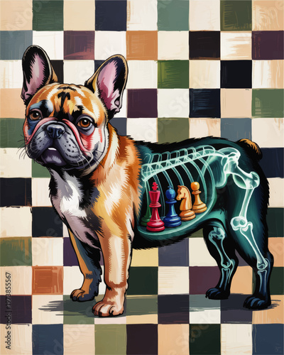 Surreal French Bulldog Anatomy Illustration with Xray Skeleton and Chess Pieces on Colorful Checkered Artistic Background