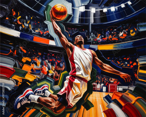 Dynamic Basketball Player Dunking in Packed Arena, Colorful Digital Painting of Athletic Action, Competition and Sports Energy