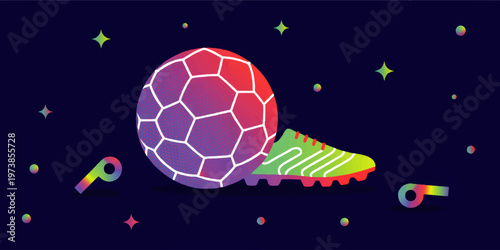 Colorful soccer ball and football boot with whistles in neon space scene, modern sports illustration on dark blue background