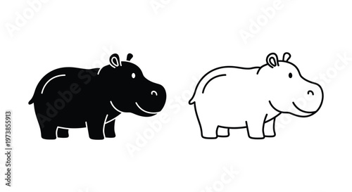 Cute Black and White Hippo Illustration Design Vector
