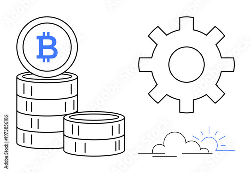 Cryptocurrency, blockchain, fintech, digital economy, innovation, technology. Bitcoin symbol on stacked coins, gear and sun icon. Cryptocurrency and blockchain conceptual illustration