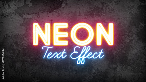 Premium customizable neon text effect for Adobe Photoshop. Features vibrant glowing letters with yellow and blue neon lights over a dark, textured concrete wall. Easily edit text via Smart Objects to 