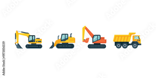 Construction Vehicles Icons Excavator Dump Truck Heavy Machinery Industrial Vector