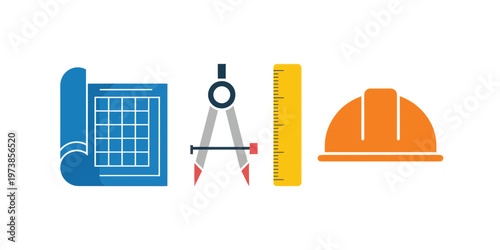 Engineering Tools Icons Set with Blueprint, Compass and Construction Equipment for Architecture and Civil Design Projects