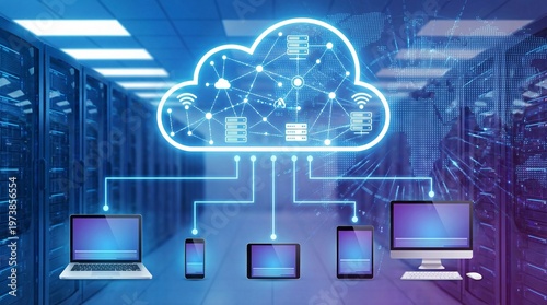 Cloud computing concept with interconnected devices including laptops, tablets, and smartphones in a server room with data storage racks in the background