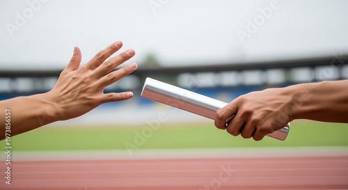 Two athletes exchanging a baton on a track during a relay race 2026 Professional track and field athlete performing on red running track
