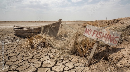 Abandoned wooden boat on cracked dry lakebed with a weathered sign reading 