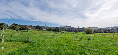Tableau sur toile Green Pasture Near Village Homes Under Broad Cloudy Sky
