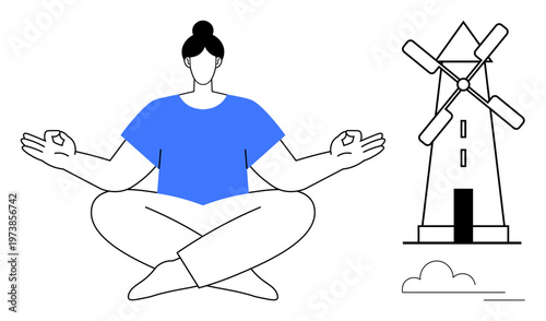 Mindfulness, sustainable living, personal well-being, eco-consciousness, meditation, clean energy. A woman sits in a lotus position near a windmill. Mindfulness and sustainable living concepts