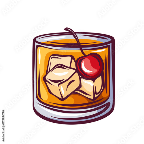 Whiskey cocktail in rocks glass with amber drink, ice cubes and cherry garnish in retro style. Bar menu, evening drink card and cocktail design with whiskey cocktail, vector illustration