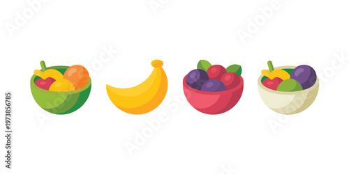 Fruit Bowls Healthy Food Icons with Banana Fresh Produce for Nutrition and Wellness Concepts