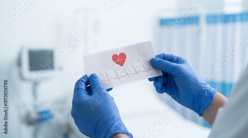 Medical professional in blue gloves holds a heart rate graph with a heart symbol in a hospital room with medical equipment and a bed in the background