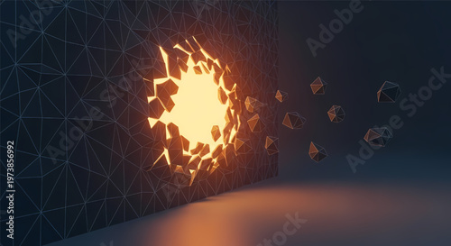 Glowing orange explosion breaks through dark wall with cracks and debris flying its illustration only