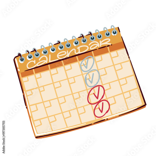 Calendar with marked dates and check marks, showing schedule control, bill planning and monthly task organization. A practical symbol of personal planning, flat vector illustration.