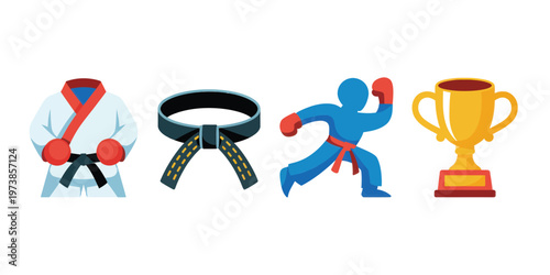 Martial Arts Icons Set with Karate Uniform Belt and Trophy for Training Achievement and Sports Fitness Concepts
