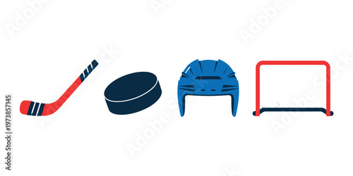 Hockey Equipment Set with Stick Puck Helmet and Goal for Ice Hockey Sports and Winter Game Concepts