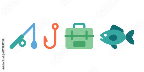 Fishing Icons Set Flat Vector Tackle Box Rod Hook Fish Outdoor Recreation Leisure Sport