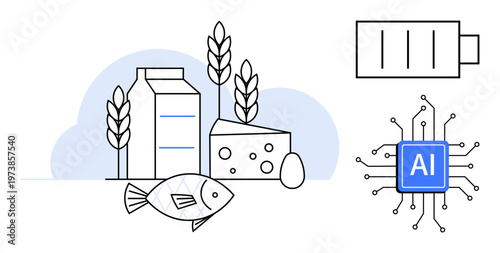 Artificial intelligence, food technology, energy storage, sustainability, agriculture, innovation. Milk carton, cheese fish eggs wheat battery AI processor icon. Food technology and energy