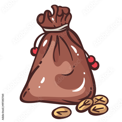 Viking rune pouch with tied leather cord and carved rune stones, Norse talisman bag for rituals, fortune and clan symbolism. Detailed Viking rune pouch, vintage engraving line vector illustration.