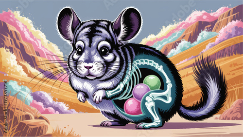 Cute chinchilla anatomy illustration with visible skeleton and organs in colorful desert canyon landscape, whimsical educational art