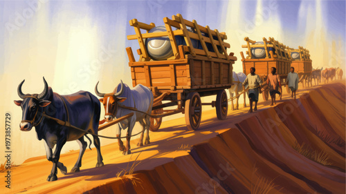 Ox Cart Caravan Transporting Large Clay Pots Along Rural Dirt Road in Africa, Traditional Village Trade Digital Illustration