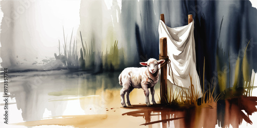 Watercolor lamb beside wooden cross with draped cloth by calm river, spiritual Easter pastoral illustration with copy space