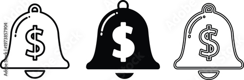 Three dollar sign bell silhouettes isolated on transparent background a financial notification symbol