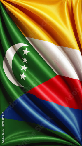 Waving Comoros flag close up background with silky fabric texture, vibrant national colors, crescent and four stars illustration