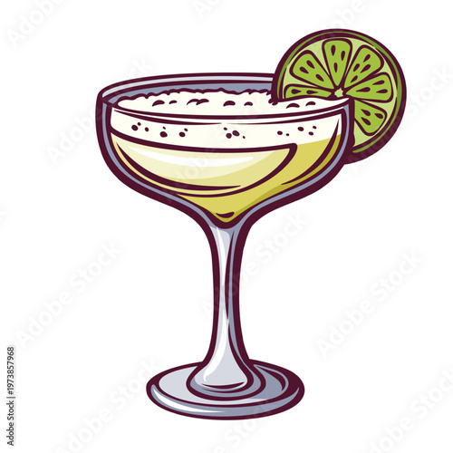 Daiquiri cocktail in coupe glass with foamy citrus drink and lime slice in retro style. Bar menu, summer drink card and cocktail design with daiquiri, vector illustration