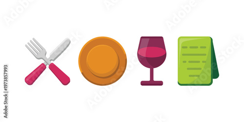 Restaurant Table Setting with Plate Fork Knife Wine Glass and Menu Flat Vector Illustration