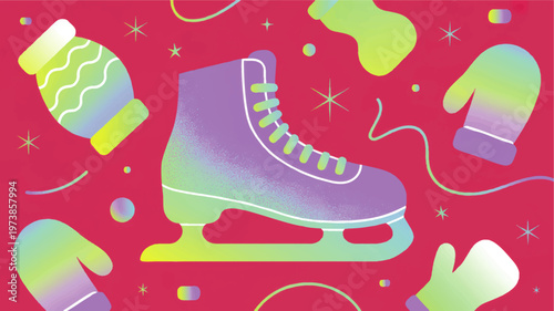 Colorful winter ice skating illustration with purple skate and mittens on pink background, festive holiday sports vector design