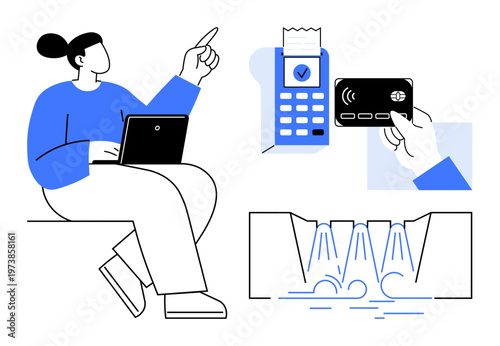 Digital transactions, cashless payments, e-commerce, financial technology, online shopping, banking tools. Scene shows a person with a laptop, a card reader with receipt and a credit card. Digital