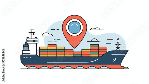 Cargo Ship Logistics Icon with Containers and Location Pin for Global Shipping and Freight Transport