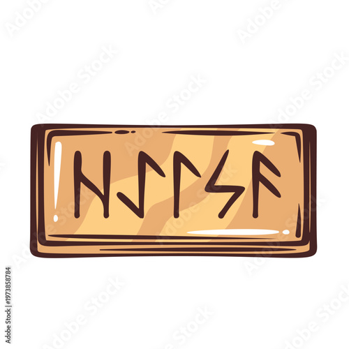 Viking runes carved on wooden sign board with engraved nordic symbols and rustic texture, pagan inscription for medieval decor and norse heritage. Vintage engraving line vector illustration.