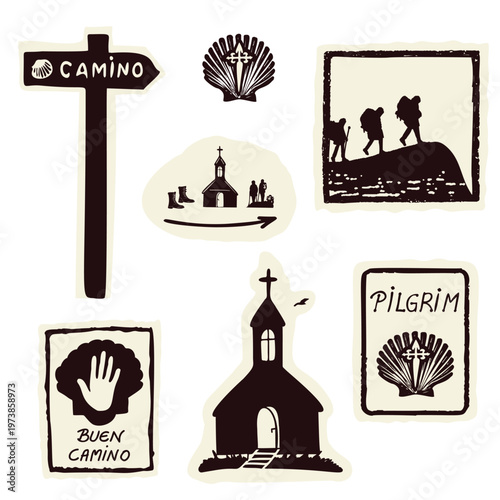 Simple pilgrims rest symbol set sign with boots, scallop shell, buen camino , church, backpackers.Hand drawn black and white flat vector motif for european pilgrimage and spain albergue pitstop rest.