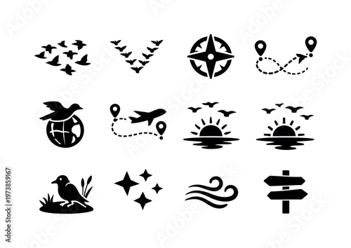 Migration Flight. Solid icon set of Migration Flight: migrating birds flock, V formation birds, compass direction arrow, seasonal route path, bird over globe,