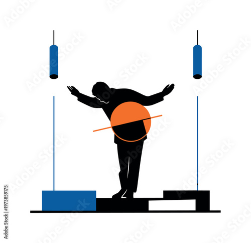 black and white silhouette of a person bowing slightly with arms lifted, bold orange abstract circle intersecting the torso, geometric cylinders and thin