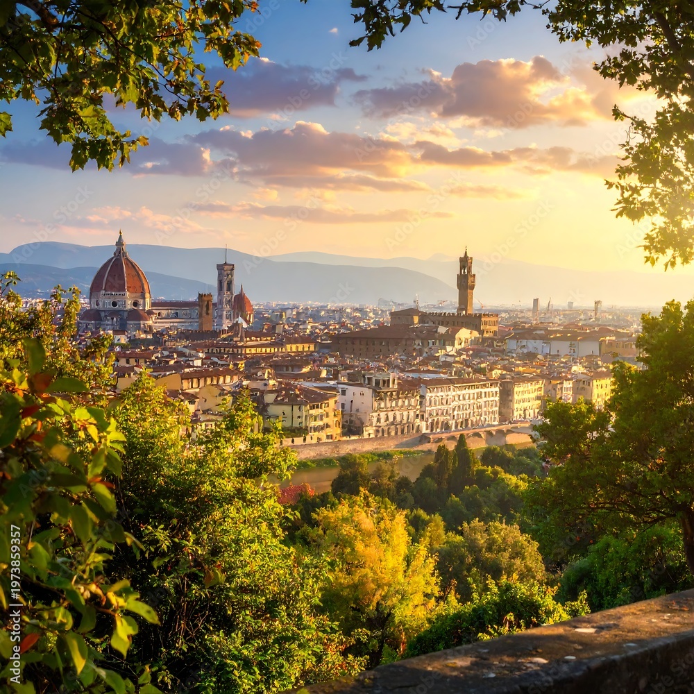Fototapeta premium A scenic view of a historic Italian cityscape at sunset