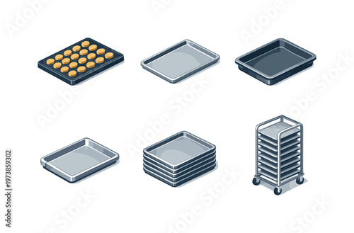 Professional baking. Isometric flat vector icons set of professional baking: industrial baking tray, commercial sheet pan, heavy-duty oven tray, tray with