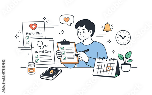 Managing medical memberships. A calm editorial scene of a person organizing health subscriptions with checklists and calendar reminders. The mood feels